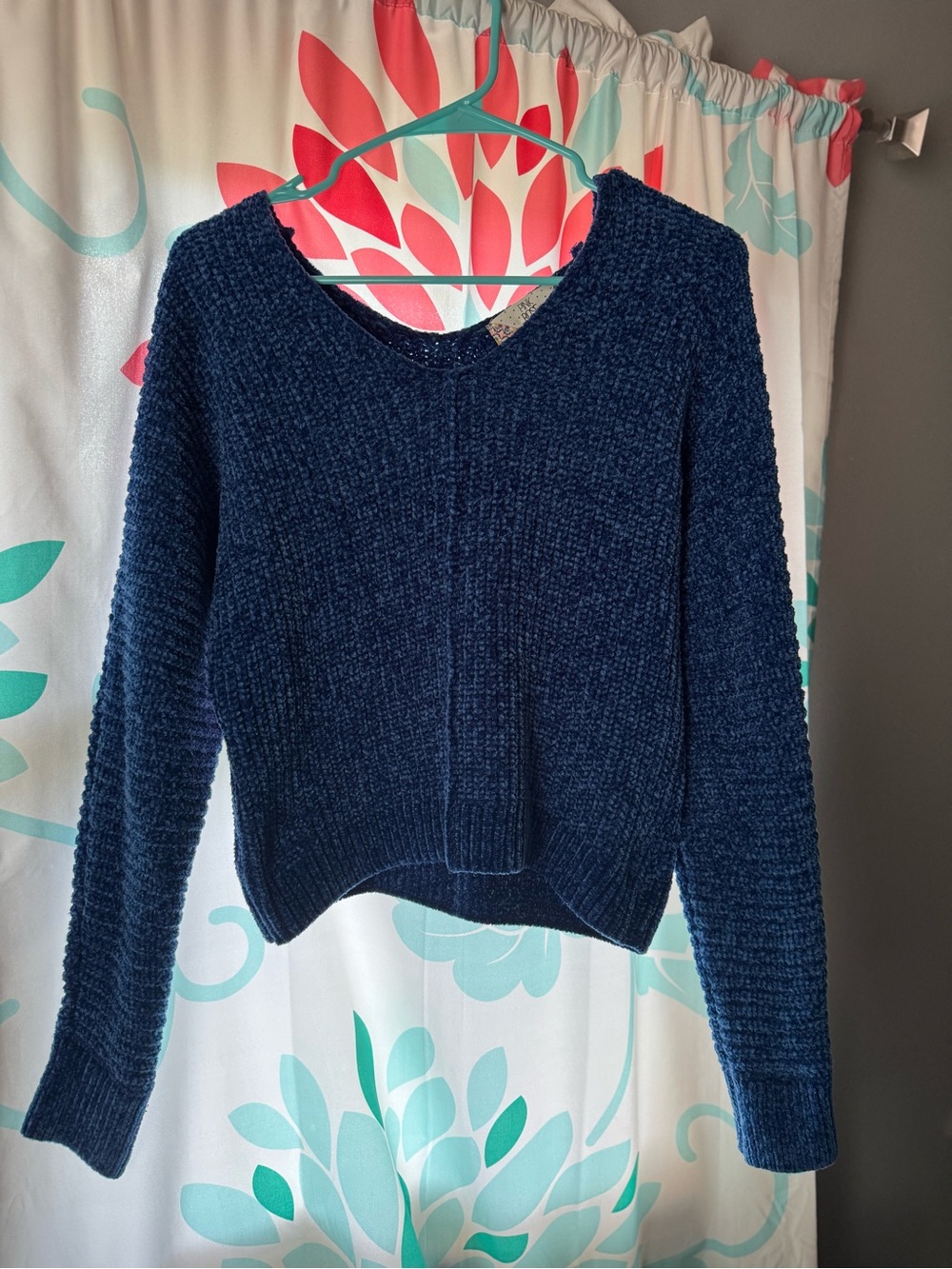 Pink Rose Navy Blue V-Neck Chenille Sweater